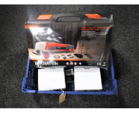 A basket containing a new sealed Terratek 10.8 volt cordless multipurpose tool together with two boxed Big Button SOS phones