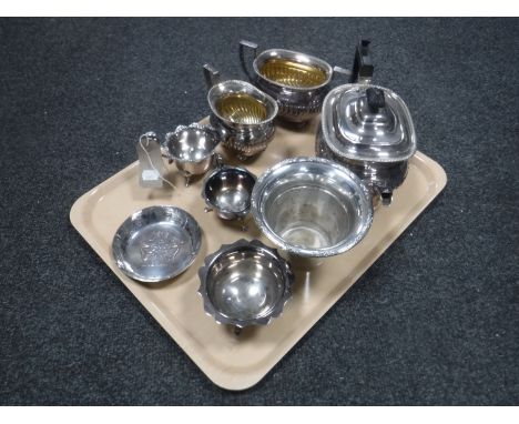 A tray of 20th century plated ware including tea service, milk jug &amp; sugar basin, coaster etc 