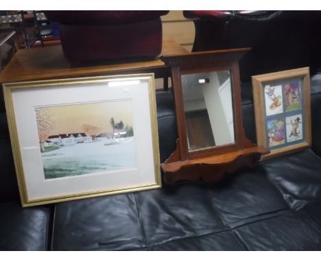 An Edwardian mahogany wall mirror with shelf, gilt framed limited edition Malcolm Vince print and a set of four Louis Wain ca