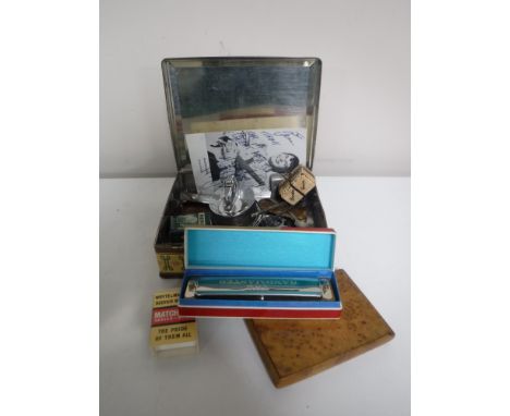 A vintage tin of Whyte &amp; McKays matchbox whisky, Bandmaster harmonica, signed Alistair Johns black and white photo, treen