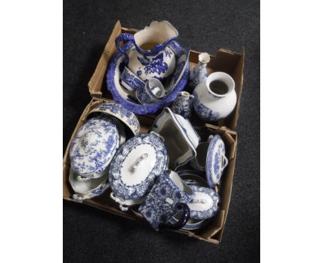 Three boxes of English blue and white china, box of glass vases, book trough etc 