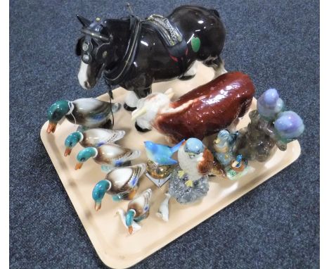 A tray containing china animal figures, Melba ware shire horse and Hereford bull, set of six duck figures, Beswick duck and B