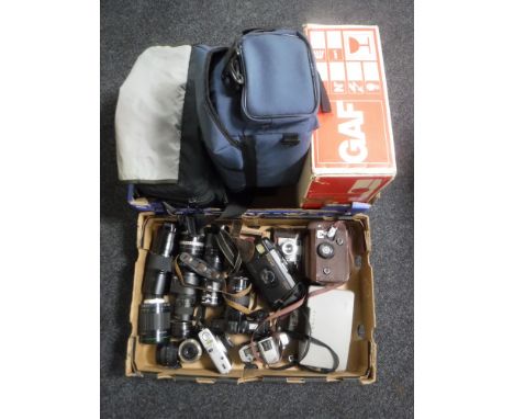 Two camera bags and a box of assorted cameras, lenses including Praktika and Minolta, Gaf slide projector 