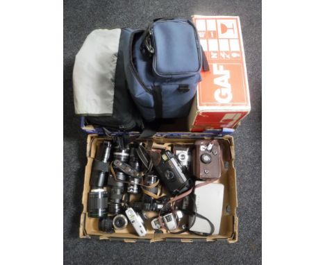 Two camera bags and a box of assorted cameras, lenses including Praktika and Minolta, Gaf slide projector 