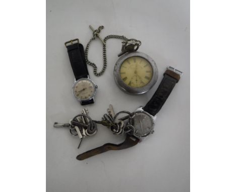 A box of silver pocket watch by W.E. Watts of Nottingham, stamped 935 and a pocket watch case, assorted pocket watch and cabi