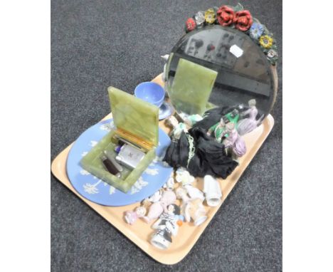 A tray containing china dolly tops, three pieces of Wedgwood blue and white china, Lladro figure of a duck, barbola mirror, o