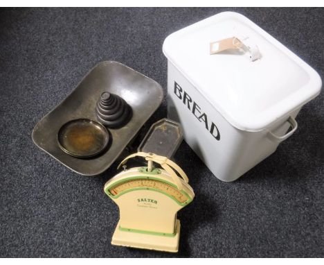A vintage enamel bread bin together with a set of vintage scales with weights and a set of Salter No.30C cookery scales