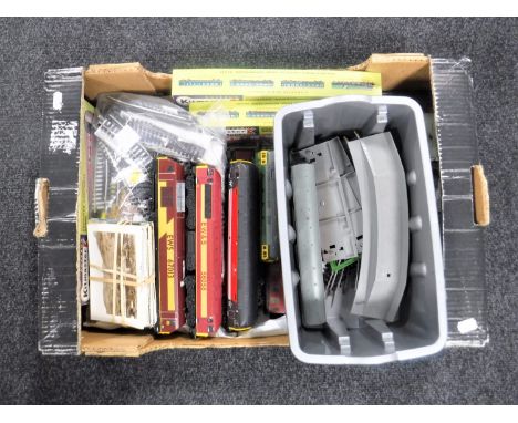A box containing Lima and Hornby rolling stock and track, together with a small quantity of 20th century postcards