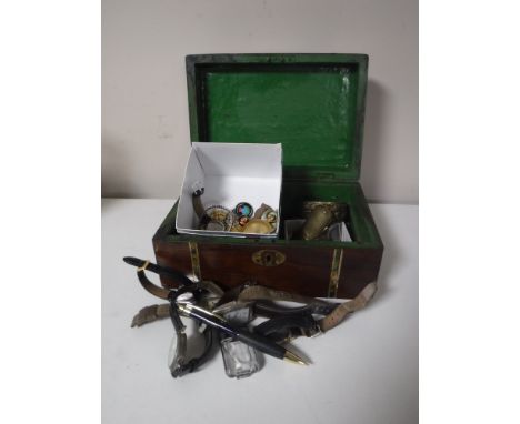 A Victorian rosewood box containing various vintage wristwatches, cameo brooch, silver bangle, brass lighter stamped 'Relianc