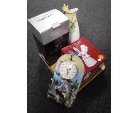 A boxed Glen Eagles Art Deco figure, a boxed RCR wildlife figure of an eagle, embossed vase, contemporary mantel clock 