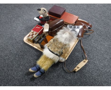 A tray of vintage cameras, gent's travel set, mid 20th century wind up bear, wooden trinket box etc  