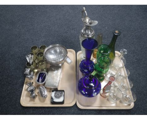 A tray of early twentieth century and later glass including Bohemia coloured glass vases, cut glass claret jug with plated ha