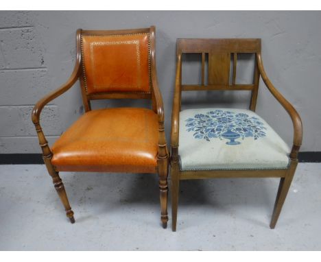 A mahogany framed button leather upholstered scroll arm armchair, together with one other 