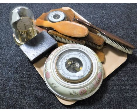 A tray containing barometer with brush set, aneroid barometer, cased anniversary clock,  vintage National Provincial Bank mon