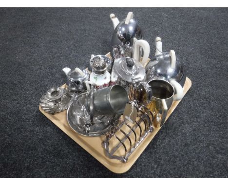 A tray of 20th century plated ware, crescent china sugar sifter and a four piece Celtic bee hive tea service  