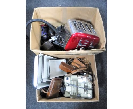 Two boxes of assorted cameras and accessories, projector etc