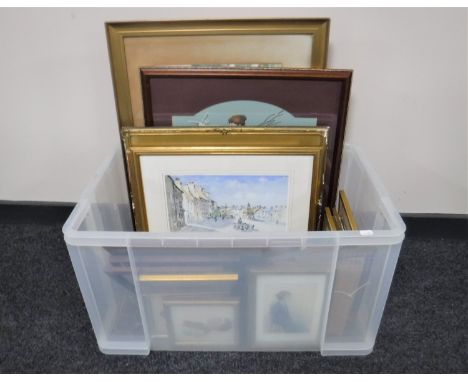 A box containing assorted framed pictures and prints including framed needlework portrait studies etc
