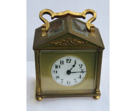 PRETTY FRENCH STYLE GLASS AND BRASS CARRIAGE CLOCK WITH ENAMELLED DIAL