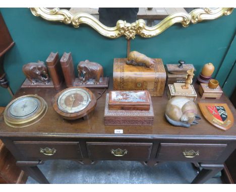 SUNDRY LOT OF TREEN INCLUDING BAROMETER, STORAGE BOXES, BOOK ENDS, COAT OF ARMS AND CLOCK, ETC. 