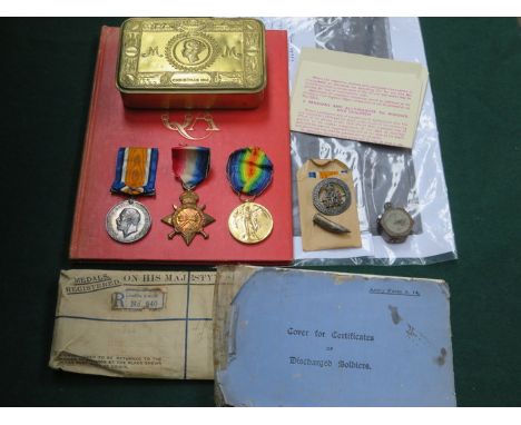 WORLD WAR II TRIO TO WILFRID ASHLEY (WOUNDED), LANCASHIRE FUSILLIERS.  ALSO 1914 XMAS TIN, WOUND BADGE, GERMAN LIGHTER, BULLE