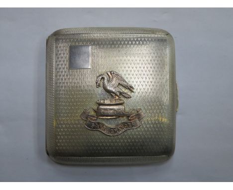 HALLMARKED SILVER CIGARETTE CASE WITH MILITARY CREST AND MOTTO-JANS CHANGER AND LOYALTY SERVICE BADGE