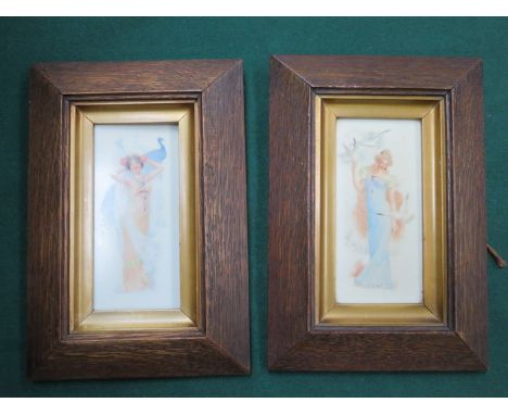 PAIR OF CONTINENTAL STYLE PAINTINGS ON CERAMIC PANELS WITH GILDED OAK FRAMES
