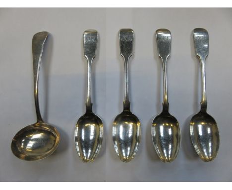 HALLMARKED SILVER LADLE AND FOUR SILVER SPOONS 