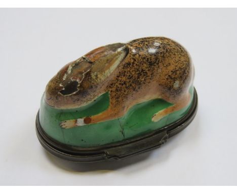 CONTINENTAL HANDPAINTED CERAMIC RABBIT FORM HINGED SNUFF BOX (AT FAULT) 
