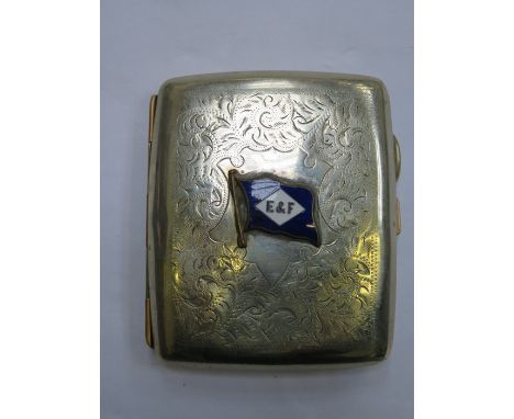 SILVER PLATED CIGARETTE CASE WITH SHIPPING LINER FLAG AND SILVER COLOURED SIX PENCES