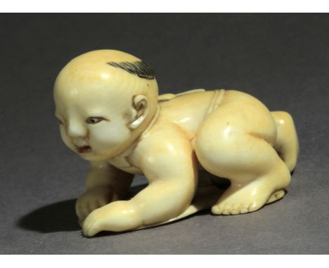 Signed Seisada on the base. In carved elephant tusk portraying a kneeling child hiding a fan under his body, 25,9x35,3x22,7 m