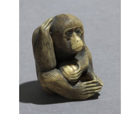Not signed. In carved elephant tusk portraying a sat monkey scratching his head with his right hand and holding a fruit with 