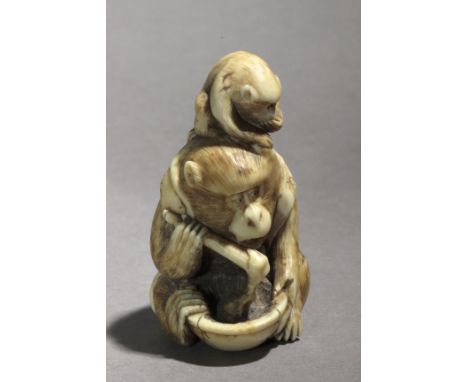 Signed Masatomo on the base. In carved elephant tusk portraying a group of twom onkeys. The mother is preparing a meal for he