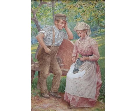 Indistinctly monogramed 1898 watercolour of a working man and woman, thin modern frame and mount,34 x 24 cm,Light sporadic fo