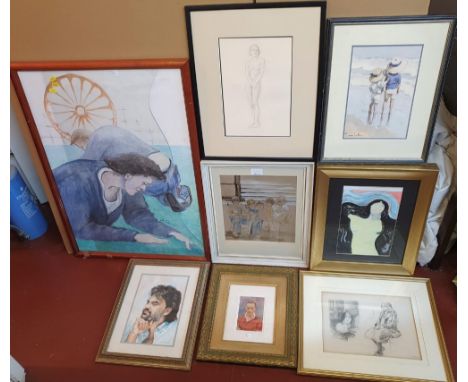 8 portraits in various mediums including 2 graphite, oils, watercolours and 1 Goetham print of children paddling. 