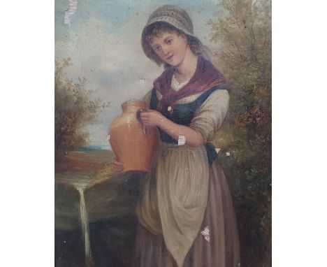 F Collins, 19thC oil on canvas, portrait of a young water girl - requires restoration, signed, gilt surround,34 x 24 cmHas pa