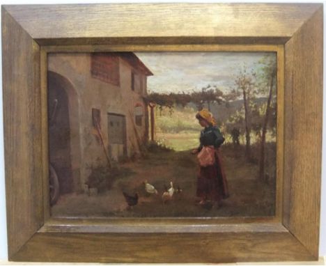 Indistinctly signed 1907 oil on thin wood panel, "Italian peasant lady feeding the chickens", signed and dated, original wide