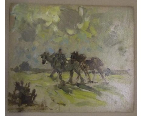 Provenanced, Arthur SPOONER (1873-1962) oil on card sketch, horseman with 2 ponies in landscape, unsigned, unframed.32 x 37 c