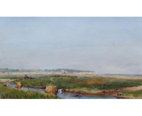Harold W. STAGG (act.c.1910-1915) watercolour, figure in extensive landscape, signed, in original gilt frame (a/f),23 x 35 cm