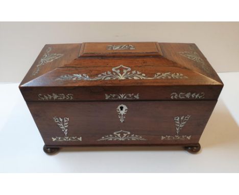 Georgian Tea-caddy with ornate white metal inlay, 30 cm in length, No key