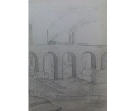 L S Lowry, bears signature, pencil sketch "Viaduct", unframed,25 x 18 cm 