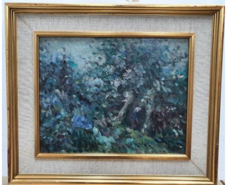 circle of Lucien PISSARRO (1863-1944), early/mid 20thC oil on wood panel, "Figure in extensive foliage", bears initials, fram