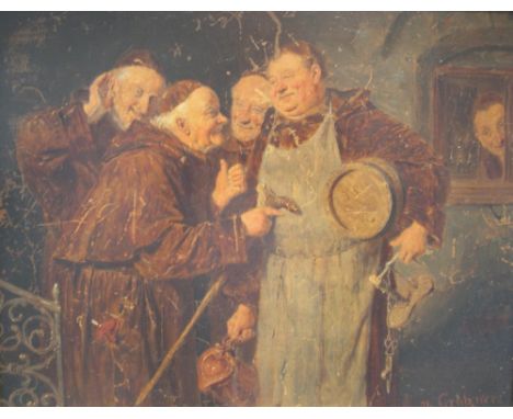 Eduard VON GRÜTZNER (1846-1925) oil on wood panel over print base "Group of monks", signed, label verso, framed,21 x 26 cm 