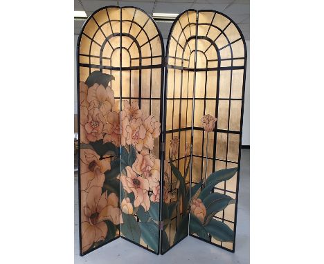 Large 4-part Art Nouveau folding screen by Fournier Decoration, Paris, circa 1970s, purchased at Liberty's of London,The fron