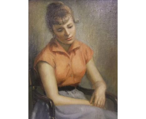 Margaret Russell 1953 oil on canvas, "Portrait of a young society lady", signed and dated, plain wood frame,50 x 40 cm 