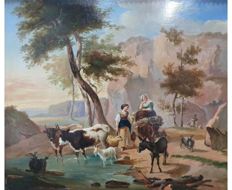 Unsigned 19thC oil master oil on metal panel, "Women and livestock at watering hole", in original 19thC frame,25 x 30 cm 