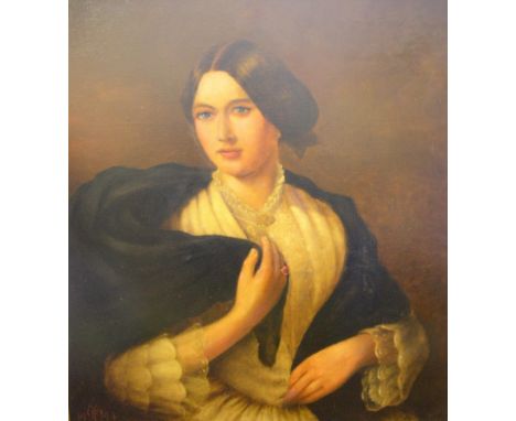 Large Edwardian, oil portrait of a young Victorian lady, monogrammed MP & dated 1944, framed,77 x 64cm 