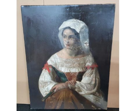 17thC Italian school oil on canvas, portrait of a peasant lady - requires restoration, unsigned, unframed,92 x 71 cm 