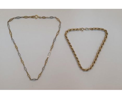 9ct gold ladies bracelets (2),The first an 18cm long rope bracelet, weighs 1.7 grams.The 2nd a tri-coloured bracelet, 25 cm l