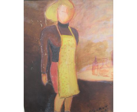 D J Lacroix 1940s French abstract oil on thin card,  "Housewife by a table", framed,58 x 47 cm 