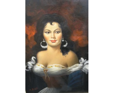Large, mid 2thC oil on canvas, portrait of a Spanish lady, indistinctly signed, wood framed,71 x 51 cm 